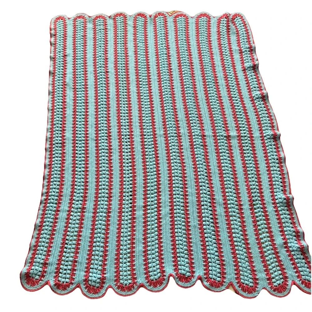 Hand‎ Crocheted Striped Afghan Blanket Scalloped Edge Blue Pink 50x65